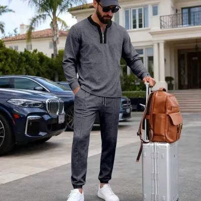 Men's Fashion Casual Spring Autumn Contrast Color Waffle Long Sleeve Sweatshirt Straight Pants Two-Piece Set