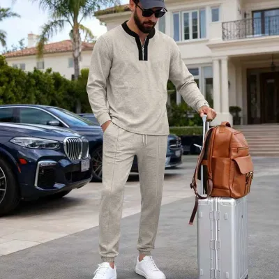 Men's Fashion Casual Spring Autumn Contrast Color Waffle Long Sleeve Sweatshirt Straight Pants Two-Piece Set