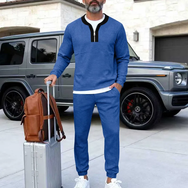 Men's Fashion Casual Spring Autumn Contrast Color Waffle Long Sleeve Sweatshirt Straight Pants Two-Piece Set