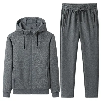 Men Fashion Casual Spring Cotton Solid Color Zipper Hoodie Drawstring Pants Two-Piece Set
