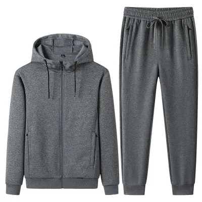 Men Fashion Casual Spring Cotton Solid Color Zipper Hoodie Drawstring Pants Two-Piece Set