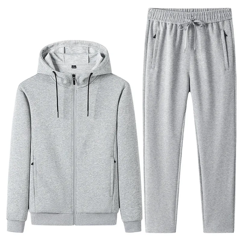 Men Fashion Casual Spring Cotton Solid Color Zipper Hoodie Drawstring Pants Two-Piece Set