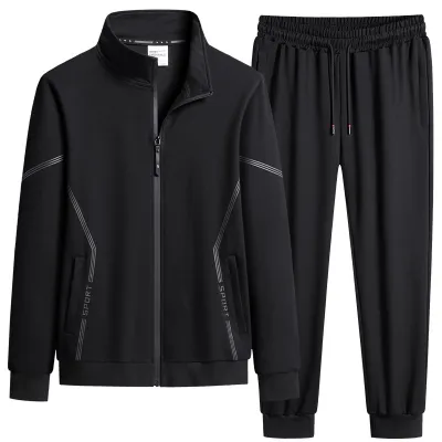 Men's Fashion Casual Spring Autumn Cotton Solid Color Loose Long-Sleeve Jacket Pants Two-Piece Set