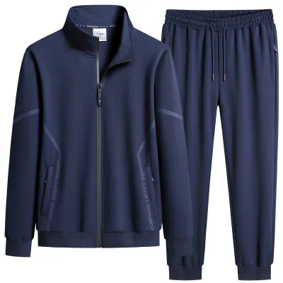 Men's Fashion Casual Spring Autumn Cotton Solid Color Loose Long-Sleeve Jacket Pants Two-Piece Set