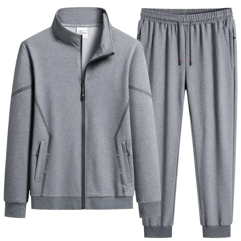 Men's Fashion Casual Spring Autumn Cotton Solid Color Loose Long-Sleeve Jacket Pants Two-Piece Set