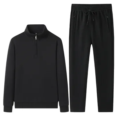 Men Fashion Casual Spring Autumn Solid Color Long-Sleeve Half-Zipper Coat Drawstring Pants Two-Piece Set