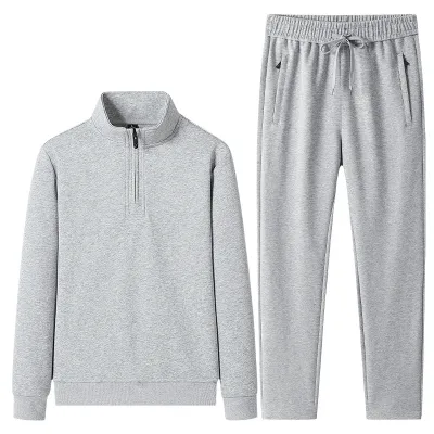 Men Fashion Casual Spring Autumn Solid Color Long-Sleeve Half-Zipper Coat Drawstring Pants Two-Piece Set