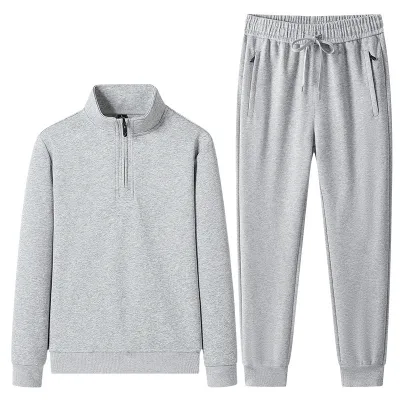 Men Fashion Casual Spring Autumn Solid Color Long-Sleeve Half-Zipper Coat Drawstring Pants Two-Piece Set