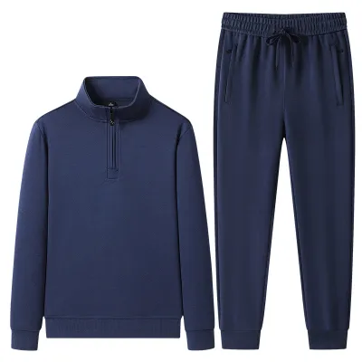 Men Fashion Casual Spring Autumn Solid Color Long-Sleeve Half-Zipper Coat Drawstring Pants Two-Piece Set