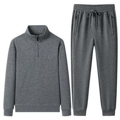 Men Fashion Casual Spring Autumn Solid Color Long-Sleeve Half-Zipper Coat Drawstring Pants Two-Piece Set