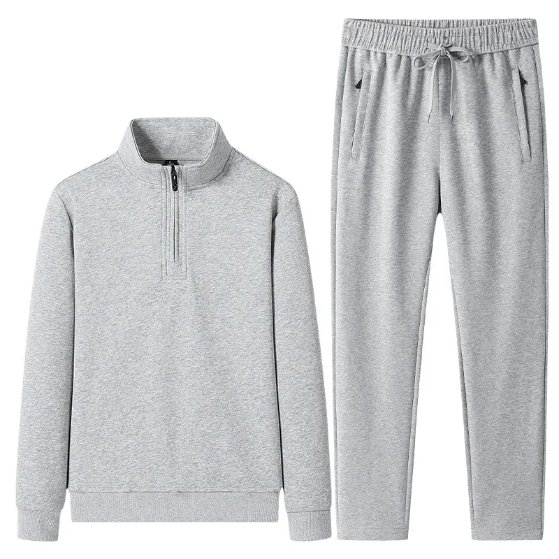Men Fashion Casual Spring Autumn Solid Color Long-Sleeve Half-Zipper Coat Drawstring Pants Two-Piece Set