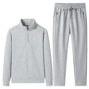Men Fashion Casual Spring Autumn Solid Color Long-Sleeve Half-Zipper Coat Drawstring Pants Two-Piece Set