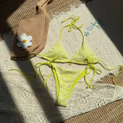 Women Fashion Sexy Flower Halter-Neck Lace-Up Bikini Swimsuit