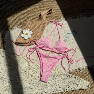 Women Fashion Sexy Flower Halter-Neck Lace-Up Bikini Swimsuit