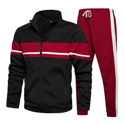 Men Fashion Casual Spring Autumn Contrast Color Long-Sleeve Cardigan Slim-Fit Pants Two-Piece Set