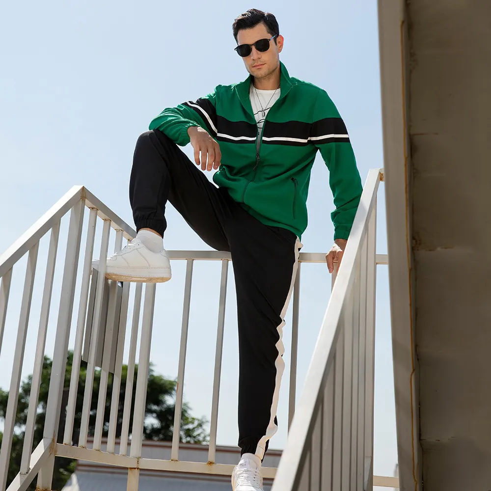 Men Fashion Casual Spring Autumn Contrast Color Long-Sleeve Cardigan Slim-Fit Pants Two-Piece Set