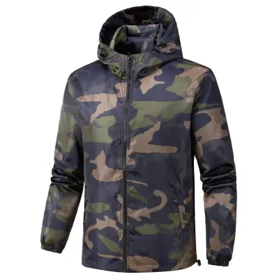 Men Fashion Casual Camouflage Thin Long Sleeve with Hat Jacket