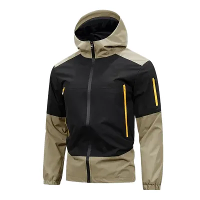 Men Fashion Casual Color Block Long-Sleeve Hooded Waterproof Jacket