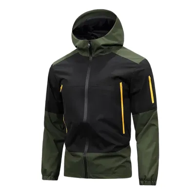 Men Fashion Casual Color Block Long-Sleeve Hooded Waterproof Jacket