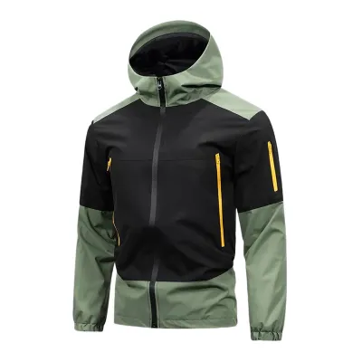 Men Fashion Casual Color Block Long-Sleeve Hooded Waterproof Jacket