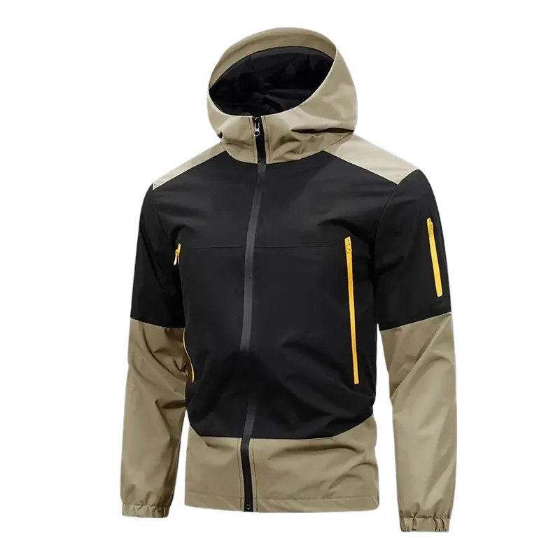 Men Fashion Casual Color Block Long-Sleeve Hooded Waterproof Jacket