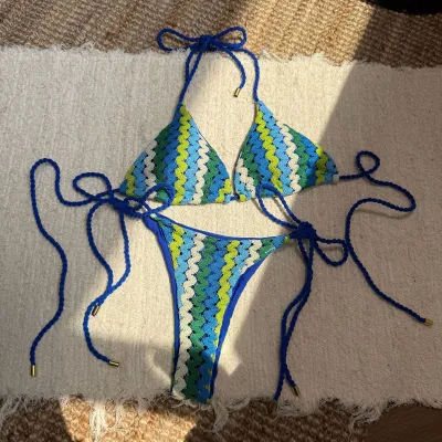 Women Fashion Sexy Embroidery Halter-Neck Lace-Up Bikini Swimsuit