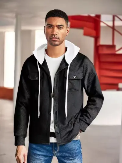 Men's Fashion Casual Patchwork Jacquard Long Sleeve Hooded Cardigan Jacket