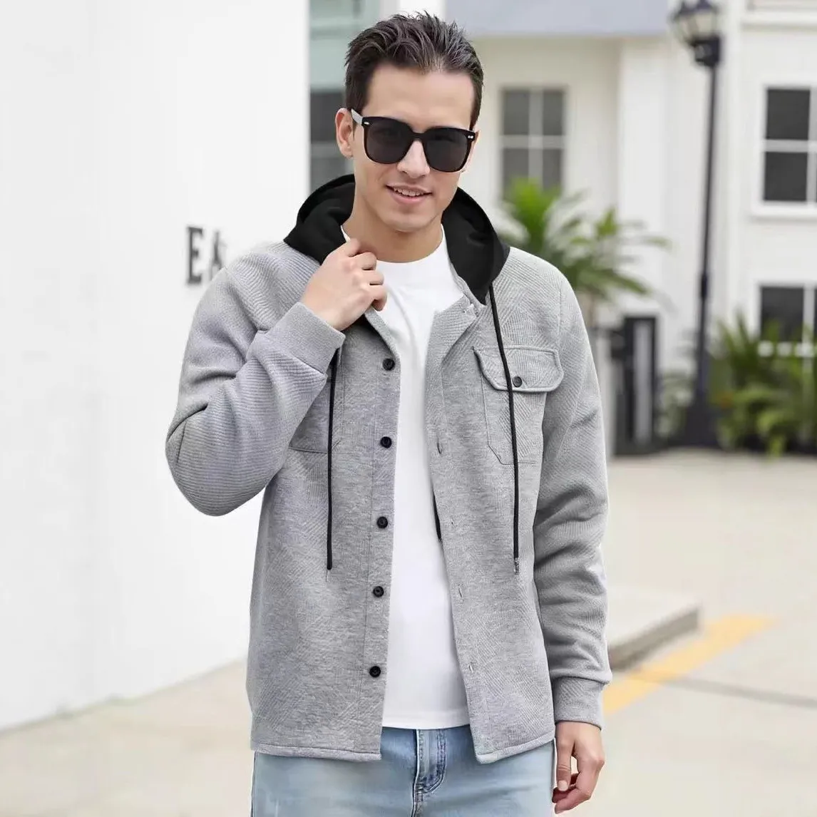 Men's Fashion Casual Patchwork Jacquard Long Sleeve Hooded Cardigan Jacket