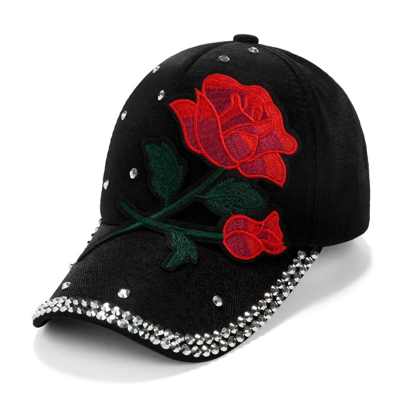 Women Fashion Casual Big Brim Rose Flower Embroidered Baseball Cap