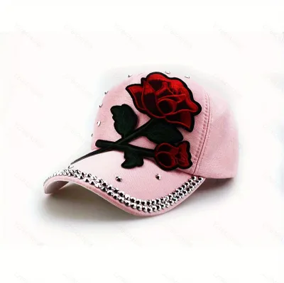 Women Fashion Casual Big Brim Rose Flower Embroidered Baseball Cap