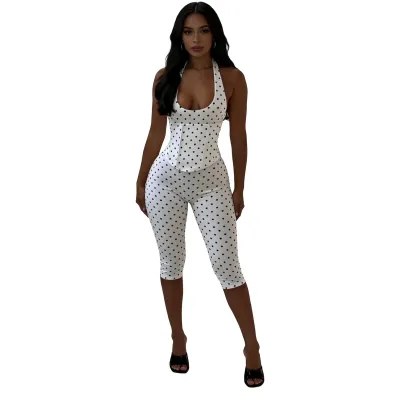 Women Fashion Sexy Polka Dot Print Halter-Neck Backless Fish Bone Zipper Jumpsuit