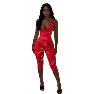 Women Fashion Sexy Polka Dot Print Halter-Neck Backless Fish Bone Zipper Jumpsuit