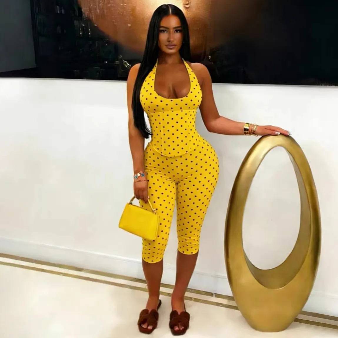 Women Fashion Sexy Polka Dot Print Halter-Neck Backless Fish Bone Zipper Jumpsuit