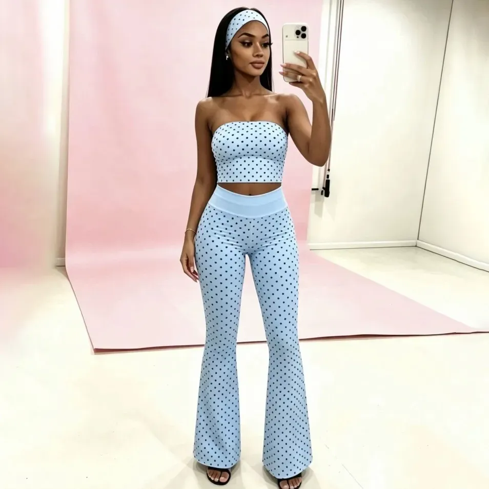 Women Fashion Sexy Polka Dot Print Tube Top High Waist Pants Hairband Three-Piece Set