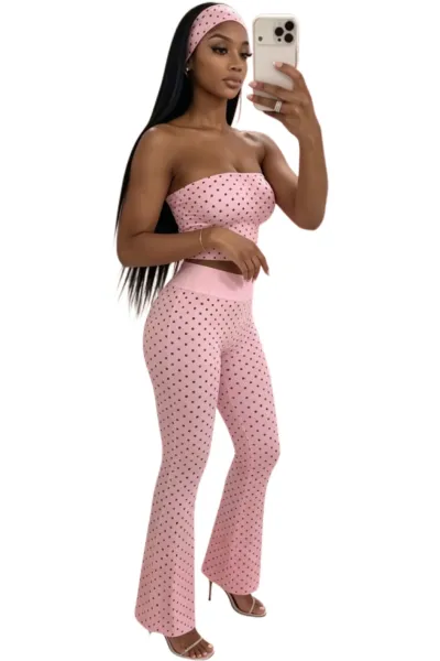 Women Fashion Sexy Polka Dot Print Tube Top High Waist Pants Hairband Three-Piece Set