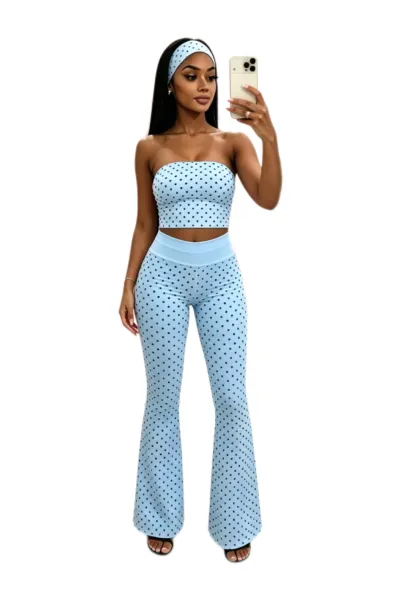 Women Fashion Sexy Polka Dot Print Tube Top High Waist Pants Hairband Three-Piece Set