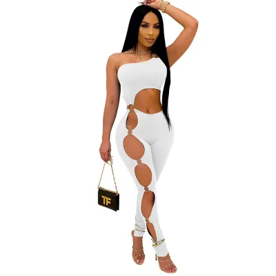 Women Fashion Sexy Solid Color Hollow-Out Sleeveless Tight Jumpsuit