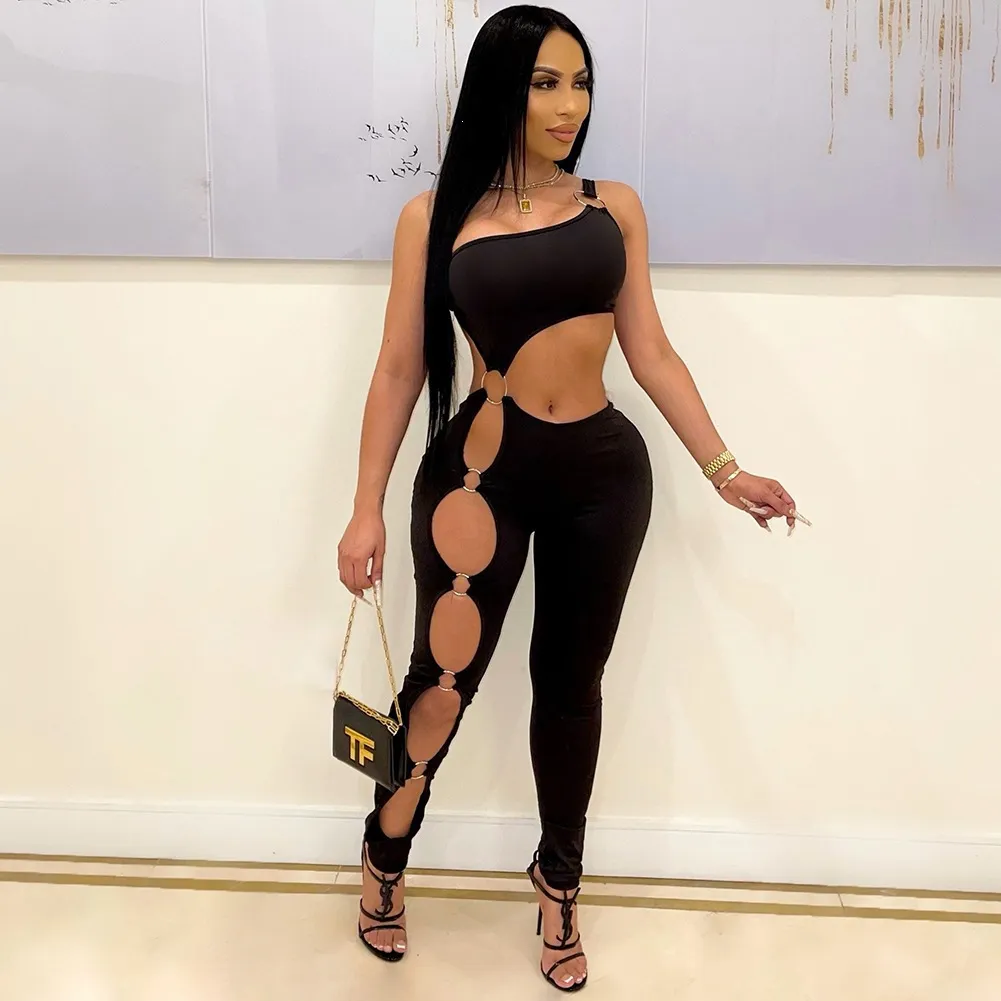 Women Fashion Sexy Solid Color Hollow-Out Sleeveless Tight Jumpsuit