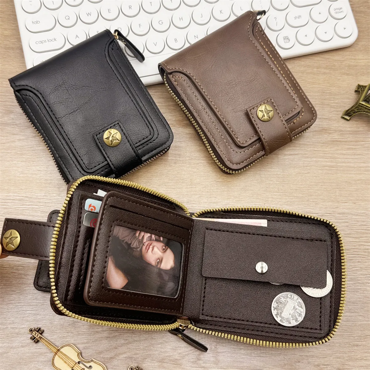 Men's Fashion Casual Retro Zipper Storage Wallet PU Solid Color