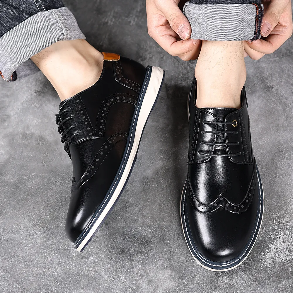 Men Casual Lace-Up PU Leather Shoes Color Blocking Flat Heel