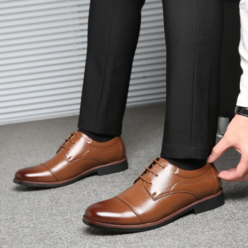 Men's Business Casual Lace-Up PU Leather Shoes Round Toe Low Top Rubber Sole