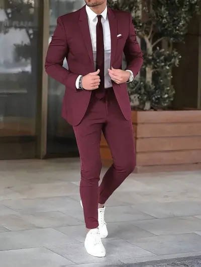 Men's Fashion Casual Solid Color Lapel Long-Sleeve Top Slim-Fit Pants Suit Two-Piece Set
