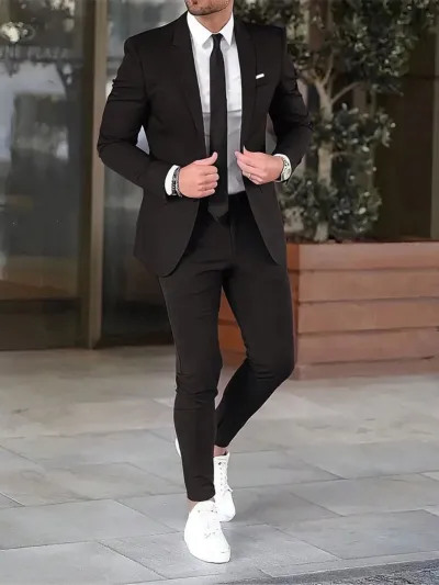 Men's Fashion Casual Solid Color Lapel Long-Sleeve Top Slim-Fit Pants Suit Two-Piece Set