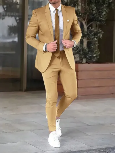 Men's Fashion Casual Solid Color Lapel Long-Sleeve Top Slim-Fit Pants Suit Two-Piece Set