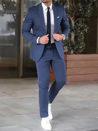 Men's Fashion Casual Solid Color Lapel Long-Sleeve Top Slim-Fit Pants Suit Two-Piece Set