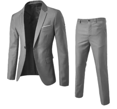 Men's Fashion Casual Solid Color Lapel Long-Sleeve Top Slim-Fit Pants Suit Two-Piece Set
