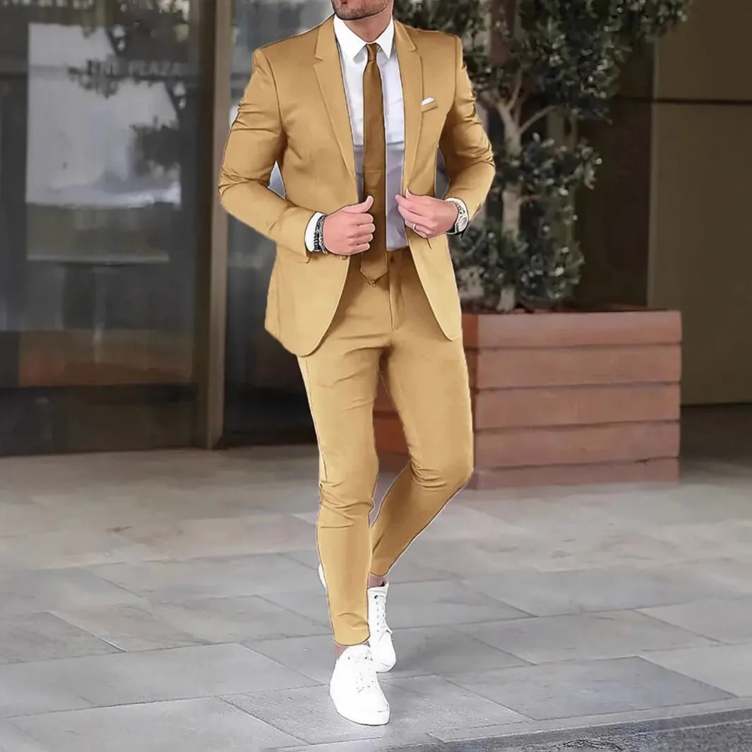 Men's Fashion Casual Solid Color Lapel Long-Sleeve Top Slim-Fit Pants Suit Two-Piece Set