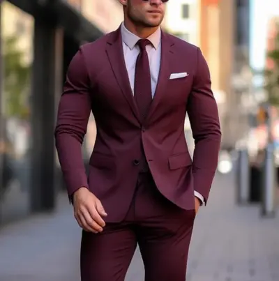 Men Fashion Business Solid Color Lapel Long-Sleeve Top Slim-Fit Pants Suit Two-Piece Set