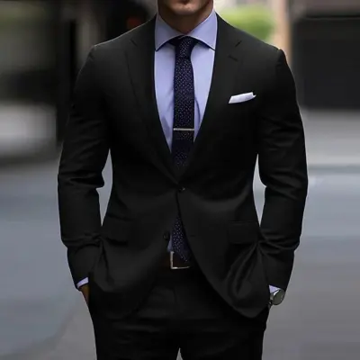 Men Fashion Business Solid Color Lapel Long-Sleeve Top Slim-Fit Pants Suit Two-Piece Set