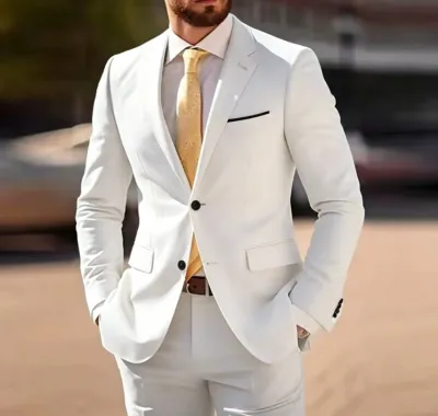 Men Fashion Business Solid Color Lapel Long-Sleeve Top Slim-Fit Pants Suit Two-Piece Set